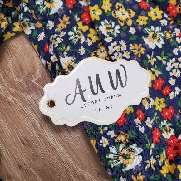 NWT AUW Womens Dress Size M Floral Blue Smocked Puff Sleeve Cottage Ballet Mini - Picture 6 of 14